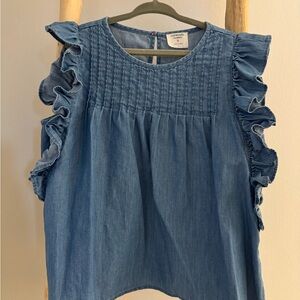 Crewcuts Kids Chambray Denim Ruffle Sleeve Top